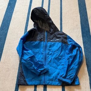 Columbia Blue and Black Hooded Kids Rain Jacket, size XS